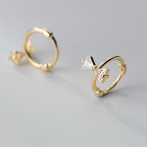 Solid Silver Bow Huggie Earrings-Crystal Bow - Gold SH032